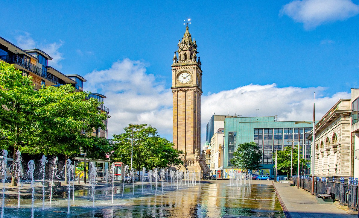 The Albert Memorial Clock in Belfast with the fountains in front of it