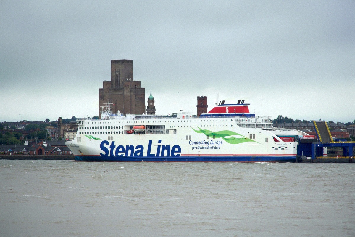A Stena Line ferry at the Birkenhead berth on the Mersey, with the ventilation tower of the Queensway tunnel behind it.